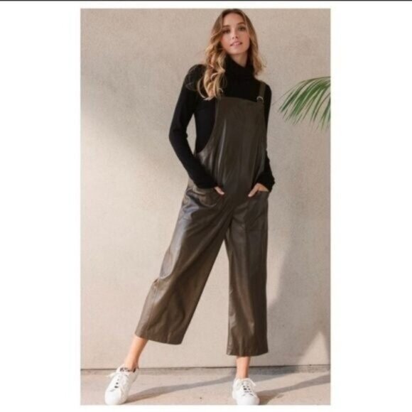 FAUX LEATHER OLIVE WIDE LEG JUMPSUIT-NEW - Picture 5 of 6